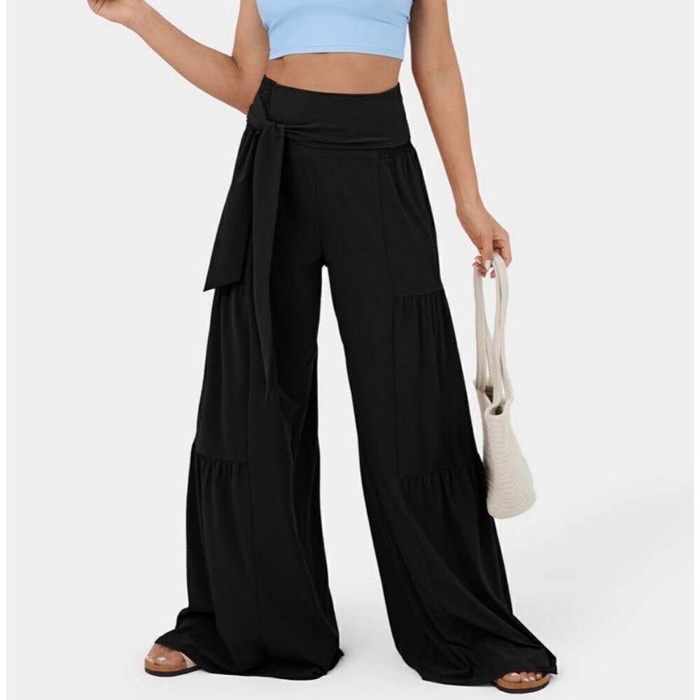 NWT Gorgeous Sz. L High Waisted Black Tie Front/Back Wide Leg Flowy Tiered Pants